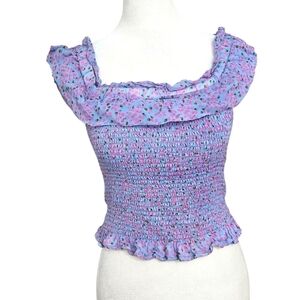 FLETCH Ditsy Floral Ruffle Smocked Top Purple. On/off Shoulder. Size Medium